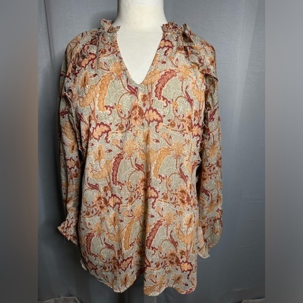 Entro Womens‎ Paisley Floral Ruffle V-Neck Long Sleeve Blouse Rust Mustard Large